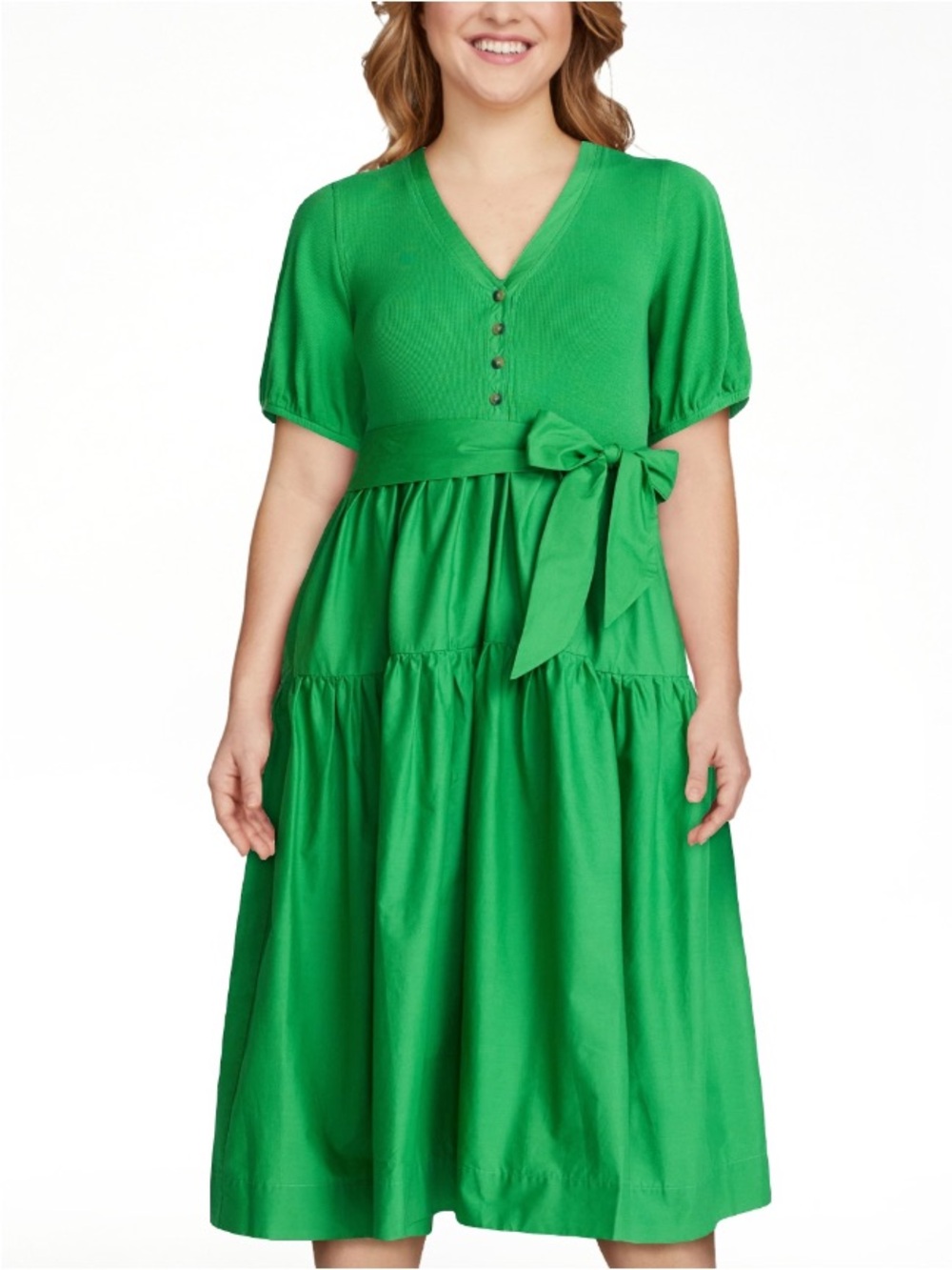 Time & Tru Tiered Poplin Knit Top Midi Dress With Belt Emerald Green Women